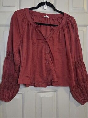 aerie - Oversized Rose-Red Crochet Detail Sleeve Button-Front Blouse